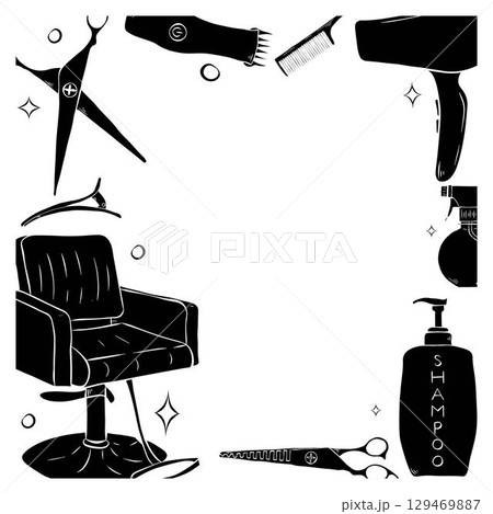 Barbershop tools square frame. Vector graphic line ink template illustration. Place for your text, logo Retro hair dryers, hairbrushes, scissors and different hair accessories. beauty salon. Barbershop tools square frame. Vector graphic line ink template illustration. Place for your text, logo Retro hair dryers, hairbrushes, scissors and different hair accessories. beauty salon. 129469887