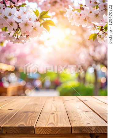 春の屋外マーケットと桜の花の背景、木製テーブル 129470222