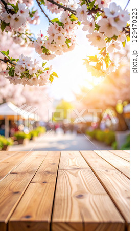春の屋外マーケットと桜の花の背景、木製テーブル 129470223