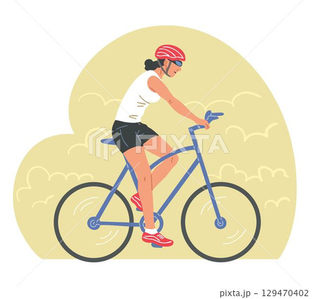 Female Cyclist in Helmet Riding Sports Bicycle Female Cyclist in Helmet Riding Sports Bicycle 129470402