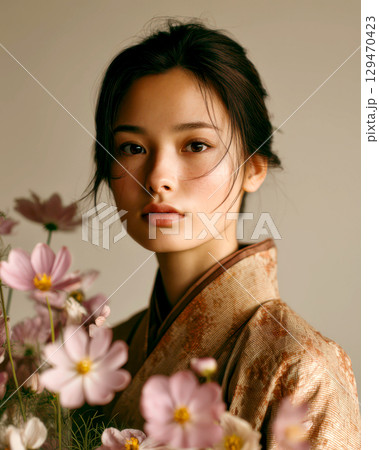 秋のコスモスと着物を着た女性 129470423