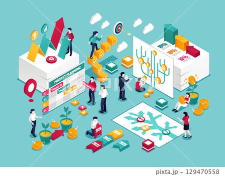 Isometric Infographic of Project Planning and Growth 129470558