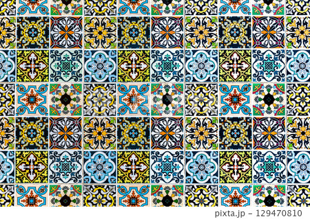 Vintage tiles intricate details for a decorative look. Ceramic paint floor, ornament Collection Patchwork Pattern Colorful  background. Geometric decoration. 129470810