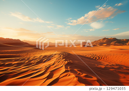 Sunset in the desert. Photo of a breathtaking desert sunset with majestic sand dunes. Sand dunes in the Desert Sunset in the desert. Photo of a breathtaking desert sunset with majestic sand dunes. Sand dunes in the Desert 129471035