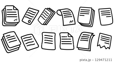 Doodle vector line document icon set isolated on white background. Document symbol hand drawn collection. Sheet of paper and paper pile Doodle vector line document icon set isolated on white background. Document symbol hand drawn collection. Sheet of paper and paper pile 129471211