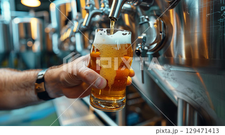 Pouring fresh draft beer into glass from tap in modern brewery. Beer production concept 129471413