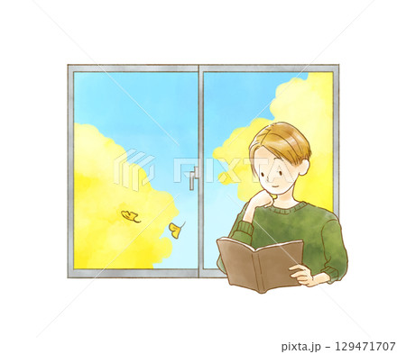 窓辺で読書をする男性の水彩画 129471707