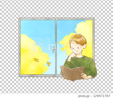 窓辺で読書をする男性の水彩画 129471707