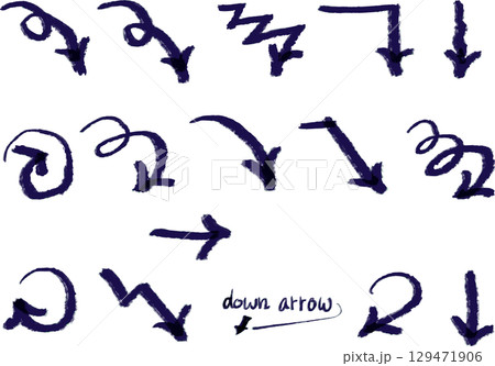 ラフな手描き曲線のシンプルな矢印セット・下向き矢印 ラフな手描き曲線のシンプルな矢印セット・下向き矢印 129471906