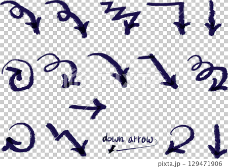 ラフな手描き曲線のシンプルな矢印セット・下向き矢印 ラフな手描き曲線のシンプルな矢印セット・下向き矢印 129471906