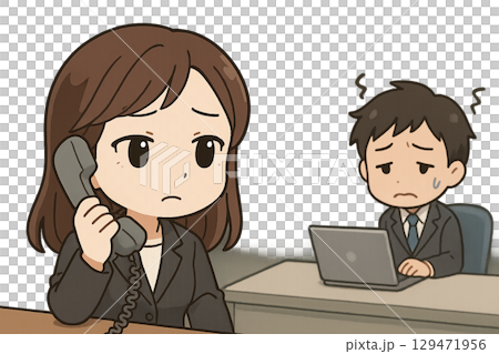 電話越しに後輩の異変に気づくベテラン女性社員の気配りイラスト 129471956