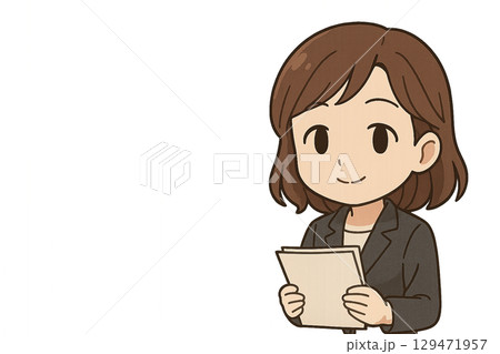 急なプレゼンにも笑顔で対応する落ち着いた女性社員のイラスト 129471957
