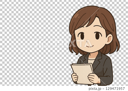 急なプレゼンにも笑顔で対応する落ち着いた女性社員のイラスト 129471957