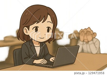言葉より行動で支える女性社員のさりげないフォローイラスト 129471958