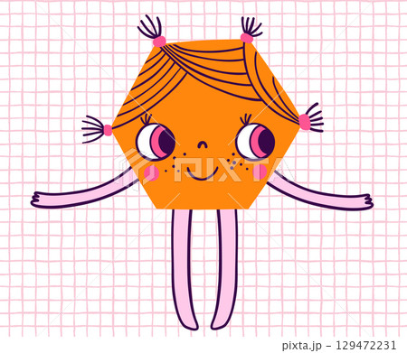 Cute hexagon children character, vector geometric shape with kawaii face for math educational resources and games 129472231