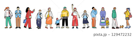 人々のベクターイラストセット。散歩や通勤、通学、買い物中の人々。 129472232