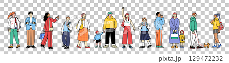 人々のベクターイラストセット。散歩や通勤、通学、買い物中の人々。 129472232