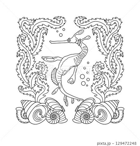 Art nouveau style seadragon swimming in ocean amongst seaweed and shells hand drawn monochrome easy coloring book page vector illustration Art nouveau style seadragon swimming in ocean amongst seaweed and shells hand drawn monochrome easy coloring book page vector illustration 129472248