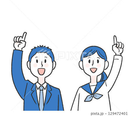 笑顔で指さす女子学生と男子学生 129472401