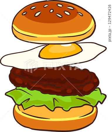 burger with fried egg lettuce and beef patty cartoon illustration burger with fried egg lettuce and beef patty cartoon illustration 129472416