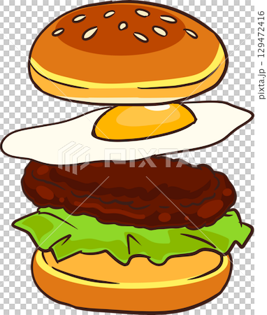 burger with fried egg lettuce and beef patty cartoon illustration 129472416