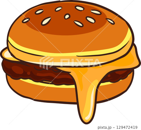 cheeseburger with melted cheese and beef patty cartoon illustration 129472419