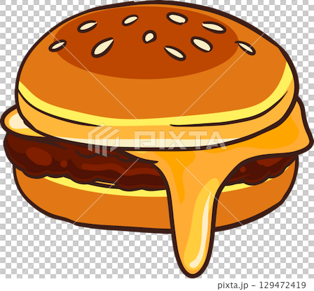 cheeseburger with melted cheese and beef patty cartoon illustration 129472419