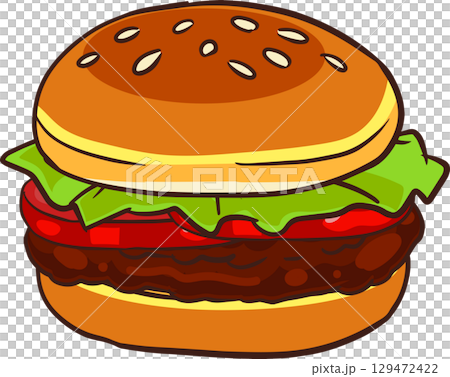 delicious hamburger with lettuce tomato and grilled patty cartoon style food illustration 129472422