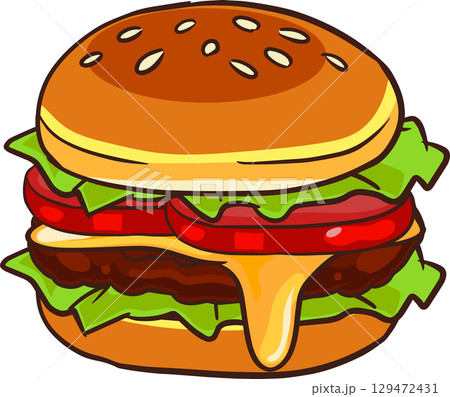 delicious hamburger with lettuce tomato melted cheese and beef patty cartoon style food 129472431