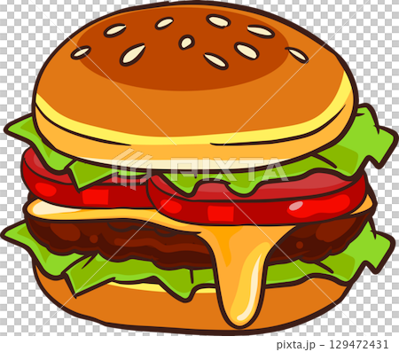 delicious hamburger with lettuce tomato melted cheese and beef patty cartoon style food 129472431