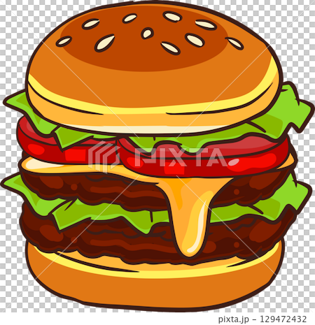 delicious hamburger with lettuce tomato melted cheese and beef patties cartoon style food 129472432