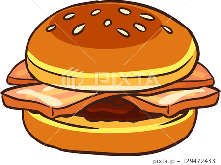 bacon burger with grilled patty and sesame bun cartoon illustration 129472433