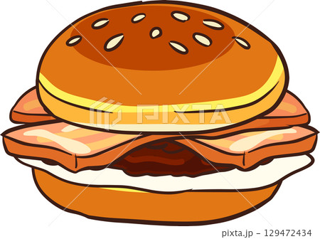 bacon and egg burger with grilled patty cartoon illustration 129472434