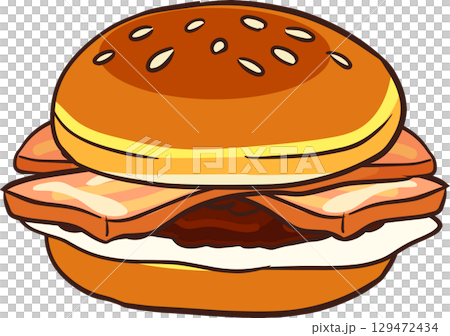 bacon and egg burger with grilled patty cartoon illustration 129472434