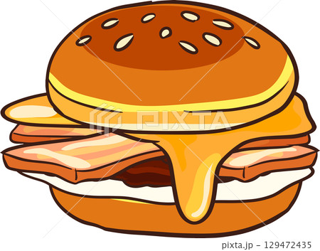 delicious hamburger with bacon strips fried egg melted cheese and beef patty cartoon style food 129472435