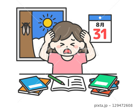 夏休み最終日｜宿題に追われて頭を抱える、小学生の女の子のイラスト 129472608