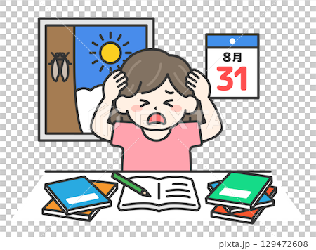 夏休み最終日｜宿題に追われて頭を抱える、小学生の女の子のイラスト 129472608