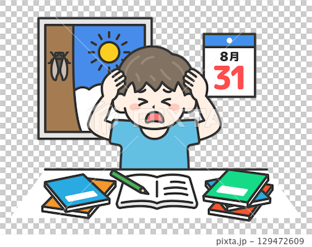 夏休み最終日｜宿題に追われて頭を抱える、小学生の男の子のイラスト 129472609