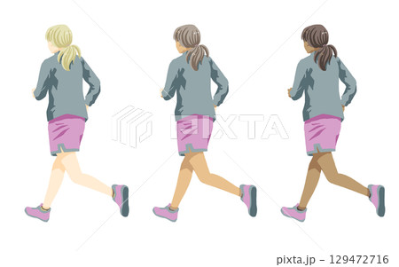 ランニングをする多国籍の女性。後ろ姿。 ランニングをする多国籍の女性。後ろ姿。 129472716