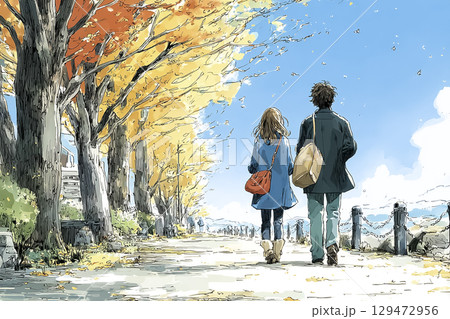 秋の紅葉並木を散歩するカップルのデート風景 129472956