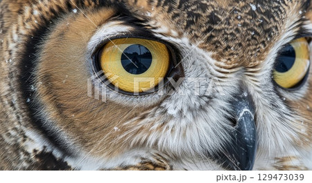 Close-up of Great Horned Owl with Piercing Yellow Eyes 129473039