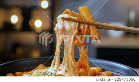 Korean cheese tteokbokki with melted mozzarella and spicy rice cakes pulled by chopsticks 129473056