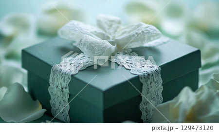 A green gift box decorated with a white lace ribbon and a bow. Light cream-colored petals are scattered around, adding an element of romance and celebration. It can be a birthday, anniversary. 129473120