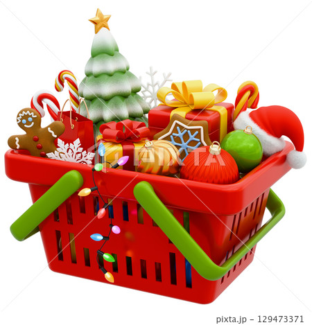 Shopping Basket With Gifts And Purchases For Christmas and New Year 129473371