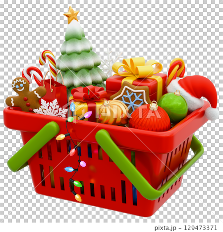 Shopping Basket With Gifts And Purchases For Christmas and New Year 129473371
