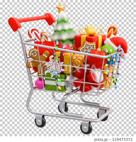 Shopping Cart Full of Gifts and Purchases for Christmas and New Year 129473372