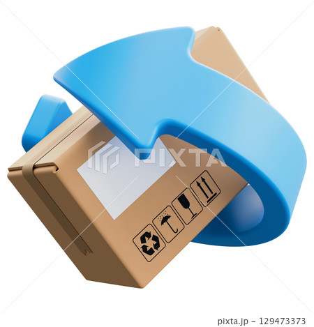 Cardboard Delivery Box or Parcel With Blue Arrow Spinning Around 129473373