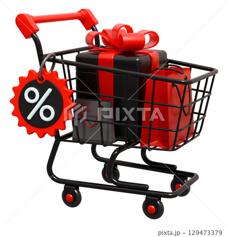 Black Friday Sale Shopping Trolley Cart With Percentage Tag And Gifts 129473379