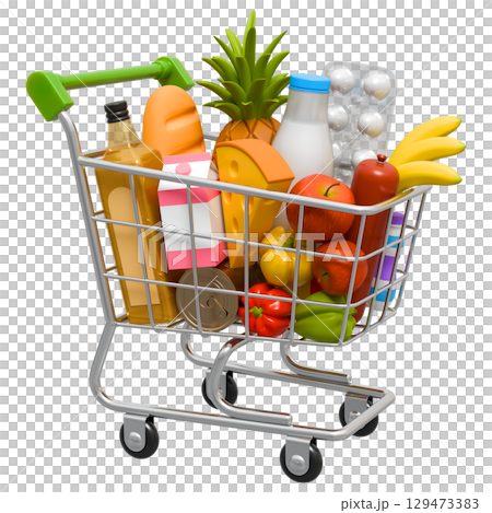 Shopping Trolley With Groceries Perspective View Shopping Trolley With Groceries Perspective View 129473383