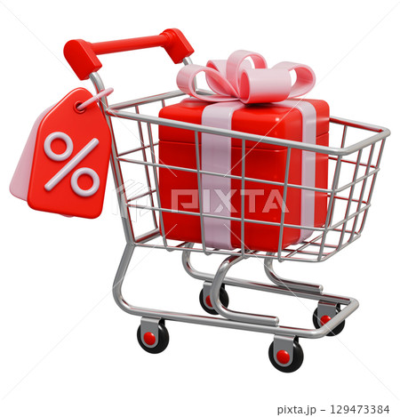 Shopping Trolley Cart With Percentage Tag And Gift Box 129473384